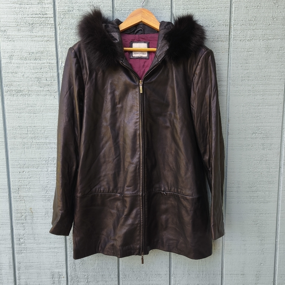 y2k 90s Anne Klein Lambskin Leather Jacket Fox Fur Trim Hood sz M/L Black